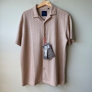 Guide London Premium Beige Chevron Knit Short Sleeve Camp Shirt - Mens Medium